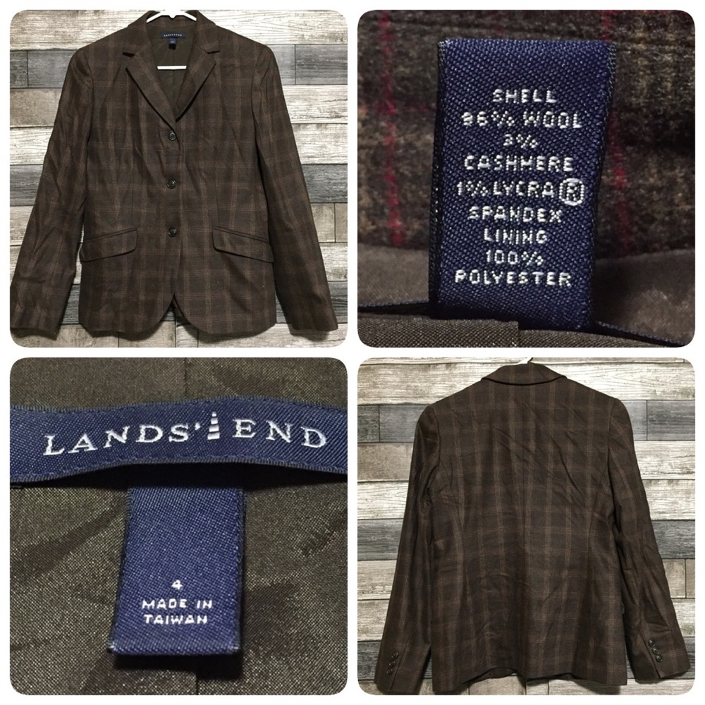 Lands End Plaid Wool Cashmere Blazer Women’s 4 Brown 3 Button.